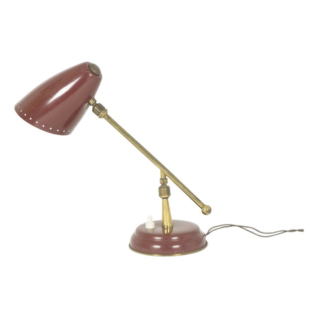 Small Mid-Century Adjustable Burgundy Metal & Brass Table Lamp from Oscar Torlasco, 1950s For Sale