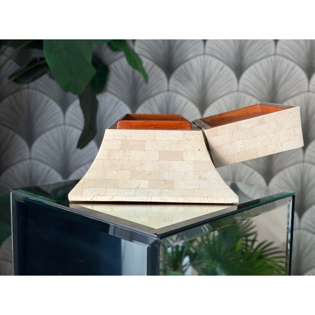 Vintage Mid-Century Modern Postmodern Tessellated Marble and Brass Jewelry Trinket Box With Wood Interior Attributed to Maitland-Smith For Sale - Image 9 of 12