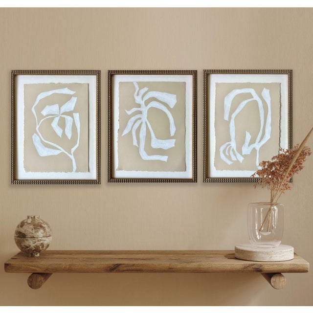 Abstract minimalist acrylic paintings on French hand crafted cotton paper. Framed in a gold frame. All works on paper are...