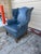 Ethan Allen Ethan Allen Chippendale Style Blue Leather Wingback Armchair With Ottoman For Sale - Image 4 of 11