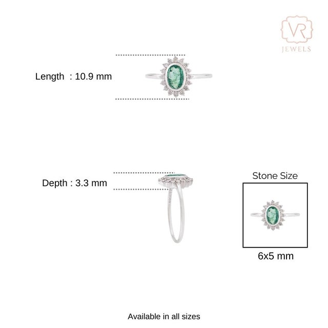 Natural Emerald Diamond Halo Art Deco Ring Size 8 in 14k White Gold For Sale - Image 9 of 14