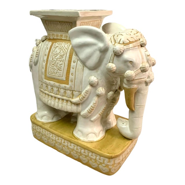 Mid-Century Modern Chinoiserie White Ceramic Elephant Garden Stool, Plant Stand, 23"h For Sale