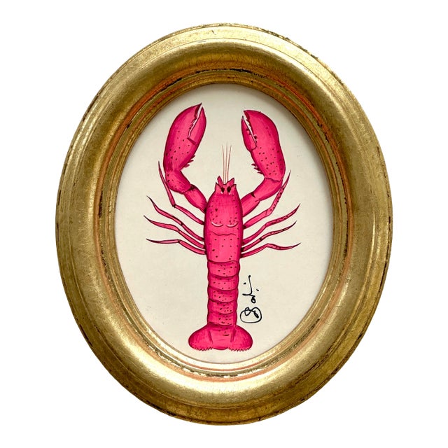 Original Hand-Painted Whimsical Pink Lobster Painting, Framed in a Vintage Frame For Sale