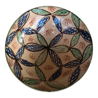 Vintage Hand-Painted Green and Blue Large Decorative Bowl For Sale