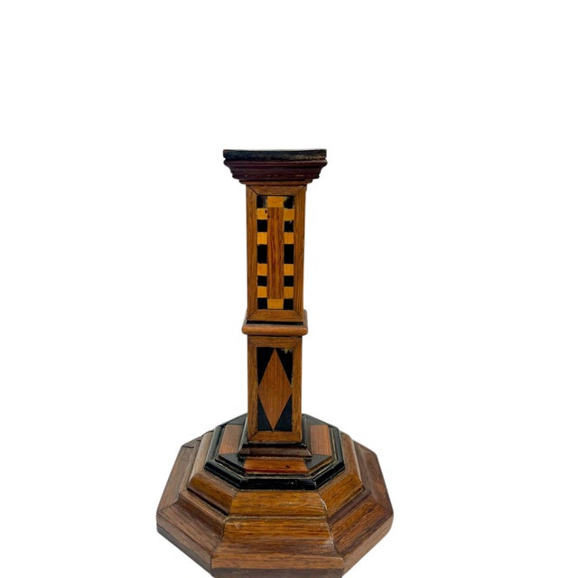 Early 20th Century Antique Italian Marquetry Inlaid Wood Candlesticks – Pair With Octagonal Bases For Sale - Image 5 of 18