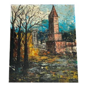 Vintage Abstract City Scape Oil on Canvas