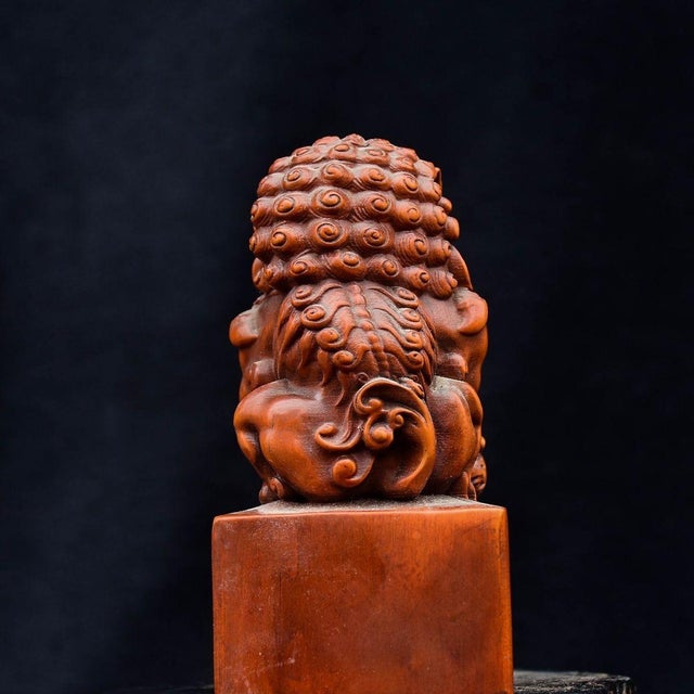 Asian Vintage Boxwood Carved Guardian Lion Figure – Seated Foo Dog on Rectangular Base For Sale - Image 3 of 9
