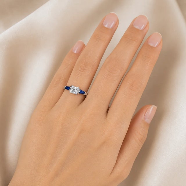 Late 20th Century 14K White Gold Princess Cut Diamond Tapered Baguette Sapphire Engagement Ring For Sale - Image 4 of 4