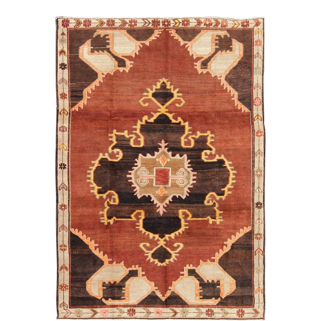 Bold Design Vintage Turkish Rug in Sienna, Brown, Black, Cream and Yellow For Sale