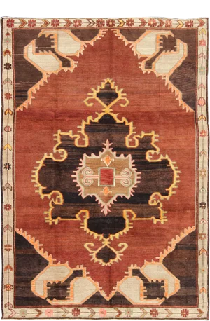 Bold Design Vintage Turkish Rug in Sienna, Brown, Black, Cream and Yellow