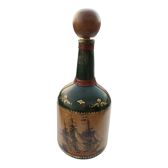 Mid Century Italian Florentine Style Leather Wrapped Ship Decanter and Stopper For Sale