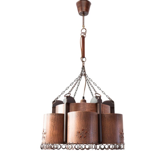 Large Vintage Swedish Copper and Wood Pendant, 1970s For Sale