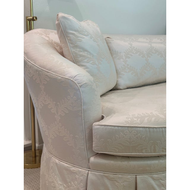 Textile Vintage Curved Skirted Sofa Reupholstered in Ivory Silk Damask For Sale - Image 7 of 13