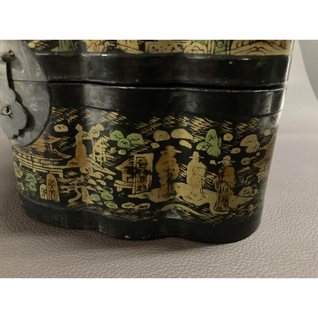 Paper Antique Chinese Black Lacquer Gilt Painted Covered Tea Box 1940s For Sale - Image 7 of 11
