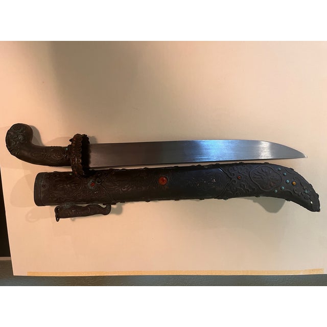 Vintage Sino Tibetan Short Sword Dagger Hand Forged Steel Repousse Scabbard 25" For Sale - Image 14 of 15