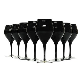 Classic 1970s Tulip Shaped Black Wine Glasses - Set of 8 For Sale