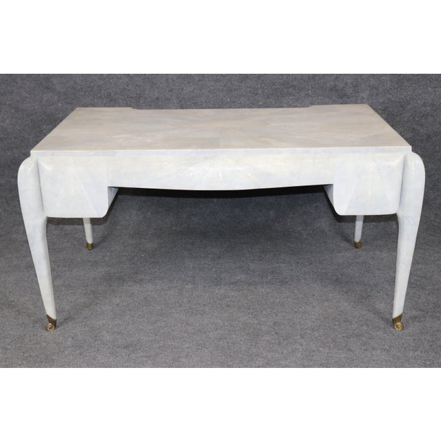 Art Deco Style Maitland Smith Brass Shagreen Printed Leather Desk For Sale In Philadelphia - Image 6 of 13