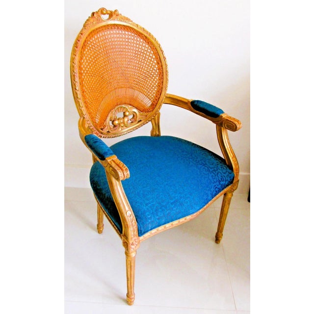 Wood 1940s French Louis XVI Style Fauteuil Chair Giltwood Frame Cane Oval Back Blue Fabric For Sale - Image 7 of 15