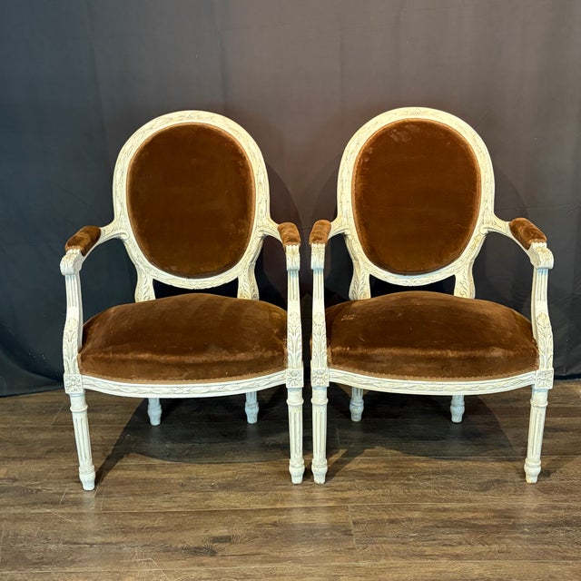 French 19th Century French Louis XVI Carved and Painted Armchairs -a Pair For Sale - Image 3 of 14