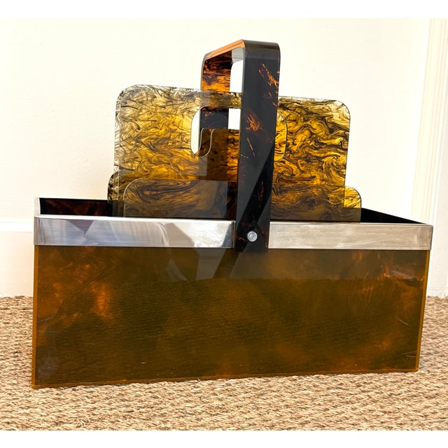 French Italian Dior Faux Tortoise and Chrome Magazine Holder For Sale - Image 3 of 12