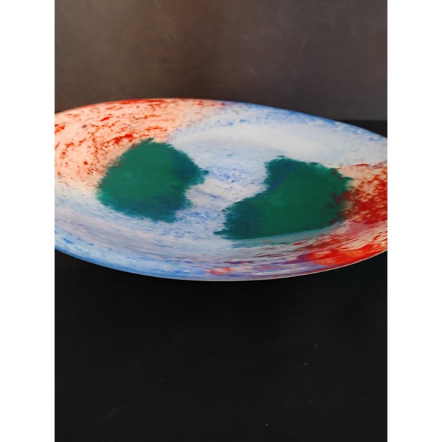 Vintage Murano attributed fused glass speckled design platter. Blue, red and white splatter design with blocks of green....