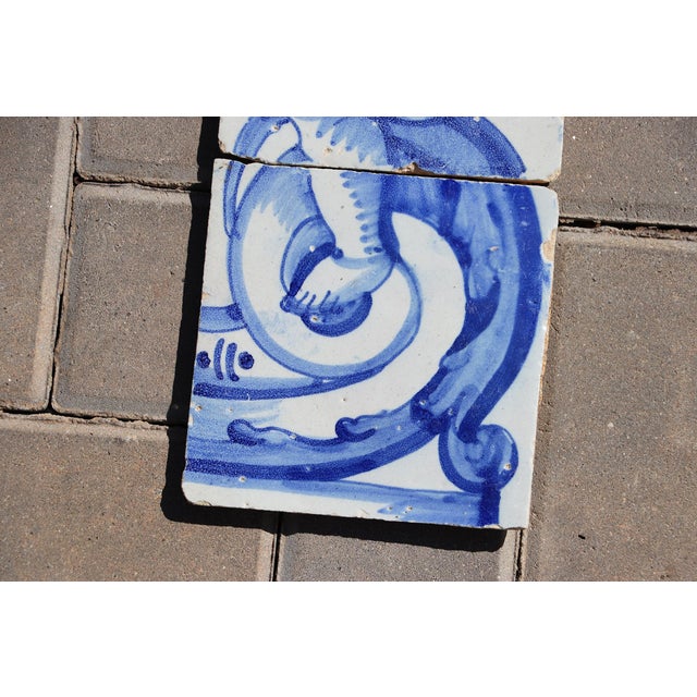 18th Century Antique 18th Century Set of Four Tiles Depicting a Cherub Holding a Baroque Torchiere For Sale - Image 5 of 6