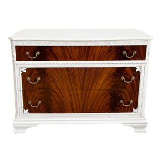 Vintage Bookmatched Flame Mahogany 3-Drawer Dresser in White With Carved Details For Sale