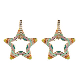 Pastel Colors Star Diamond Hoop Gold Earrings, A Pair For Sale
