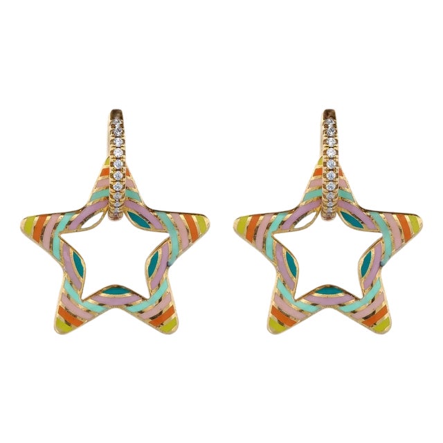 Pastel Colors Star Diamond Hoop Gold Earrings, A Pair For Sale