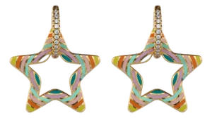 Pastel Colors Star Diamond Hoop Gold Earrings, A Pair