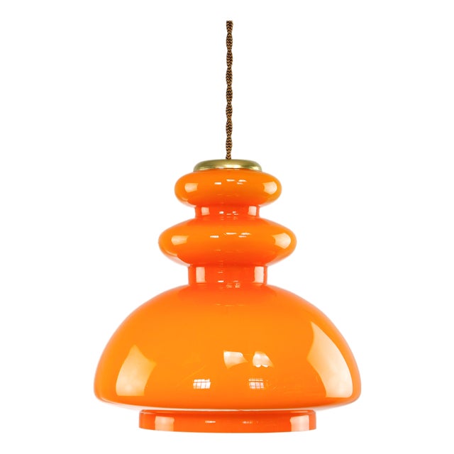 Mid-Century Modern Italian Orange Glass and Brass Pendant Lamp, 1960s For Sale