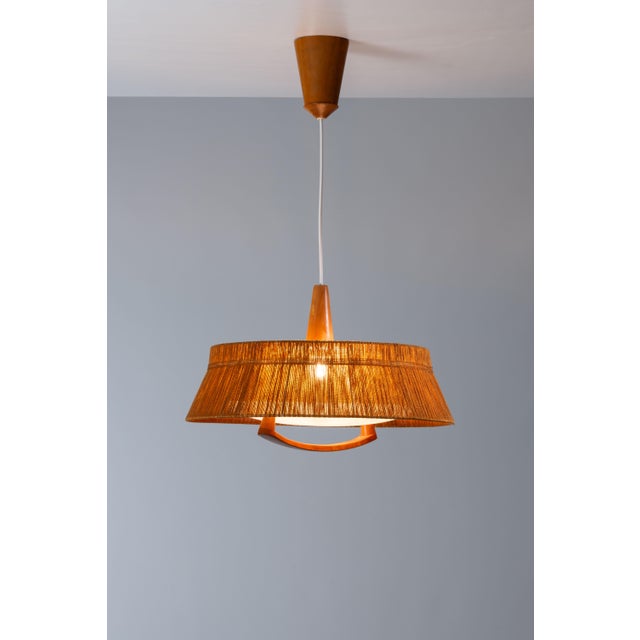 Mid-Century Modern Large Teak and Sisal Pendant Lamp attributed to Temde Leuchten, 1960s For Sale - Image 3 of 13