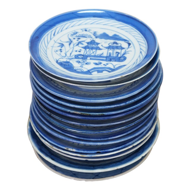 Antique Chinese Export Canton Blue White Pagoda Boats Bread Plates 6" - Set of 15 For Sale