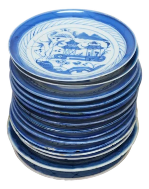Antique Chinese Export Canton Blue White Pagoda Boats Bread Plates 6" - Set of 15