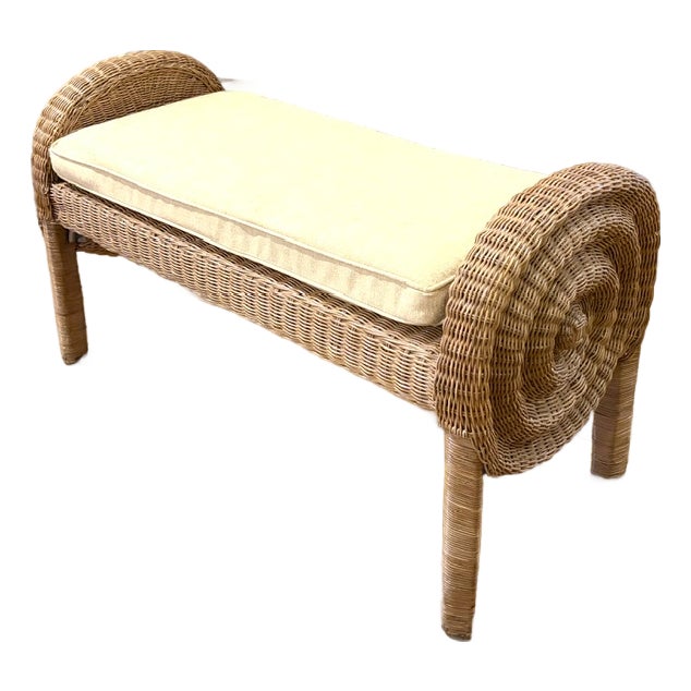 Mid Century Rattan Beach With Spiraled Ends and Upholstered Seat For Sale