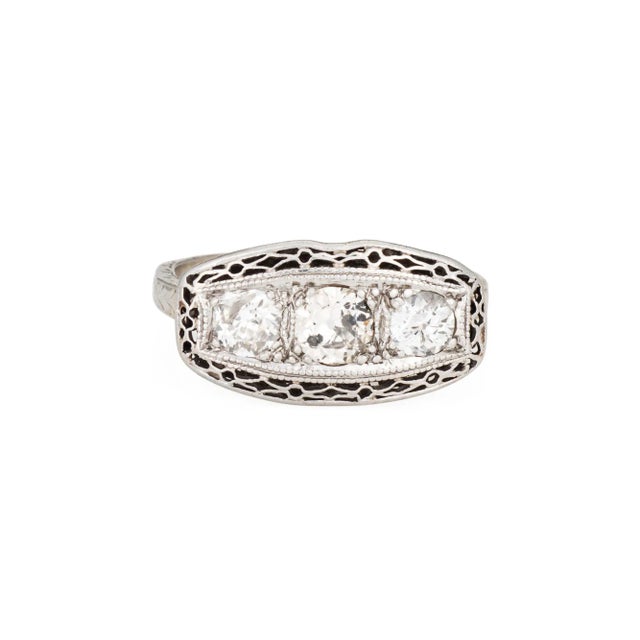Art Deco Early 20th Century Vintage Art Deco Diamond Ring Sz 5.5 10k White Gold 3 Stone Band Fine Jewelry For Sale - Image 3 of 6