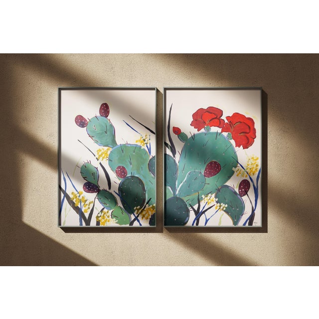 Prickly Pear Cactus, Illustration Style Diptych, Desert Landscape, Large Diptych, Original Painting on Watercolor Paper by Romina Milano For Sale - Image 9 of 10