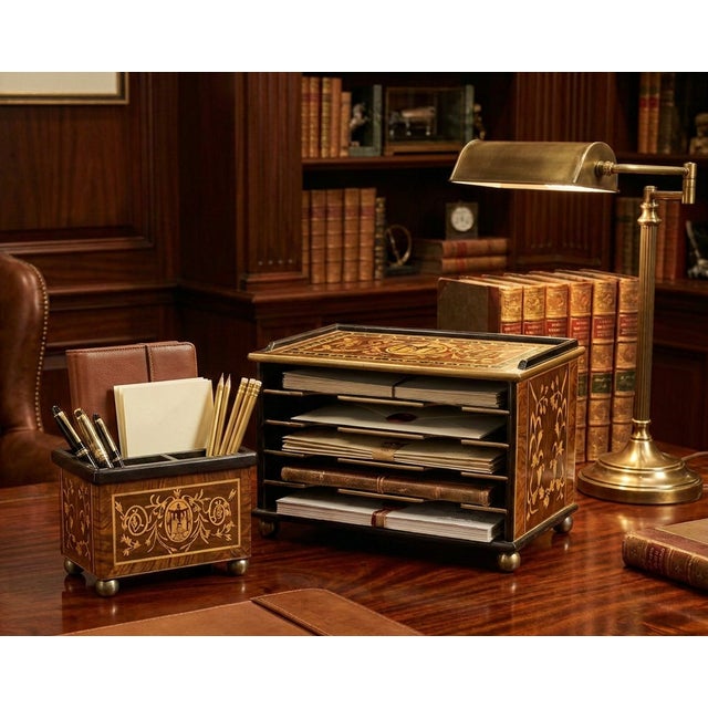 Vintage Lacquered Marquetry Executive Desk Organizer Set, 2 Pieces For Sale - Image 4 of 7