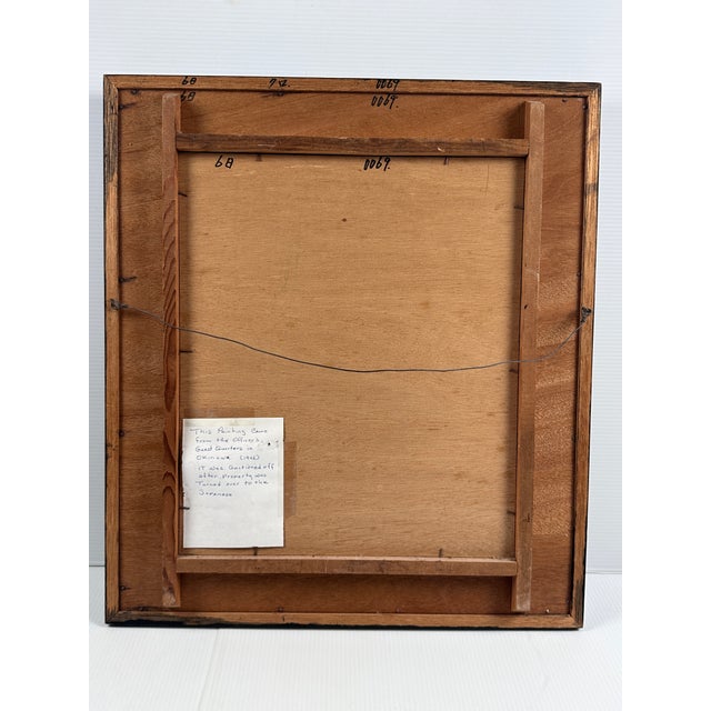 Striking vintage batik-style depicting a stylized horse silhouette, presented in a substantial black wood frame with...