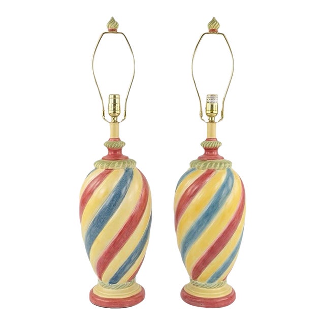 2005 Whimsical Ceramic Swirl Table Lamps, Styled After MacKenzie-Childs - A Pair For Sale