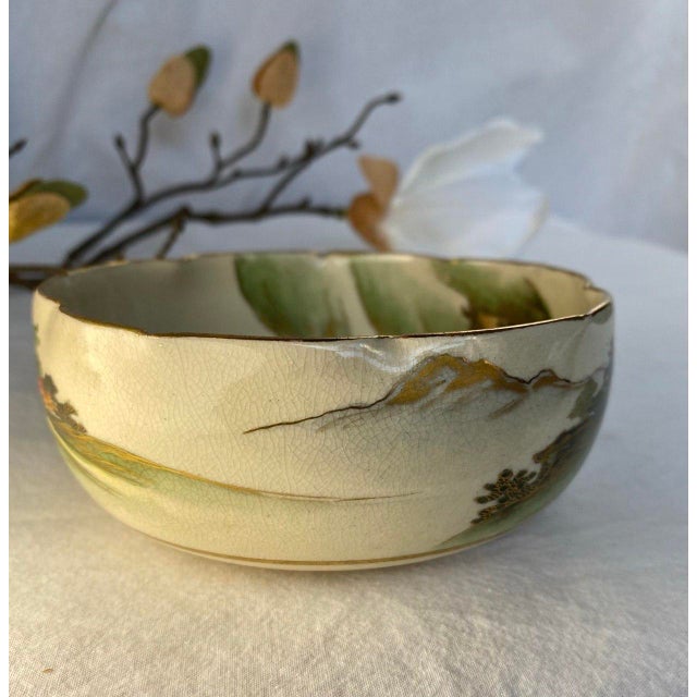 Paint Meiji Period Japanese Satsuma Lotus-Form Bowl, C. 1890–1910, Hand-Painted Landscape & Moriage Gilt For Sale - Image 7 of 11