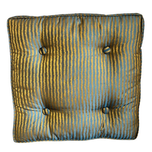 Sophisticated modern accent pillow featuring a textured aqua blue and golden bronze woven stripe pattern with elegant...