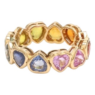 Natural 4.28 cts rainbow sapphire heart upside down ring in 14k gold For Sale