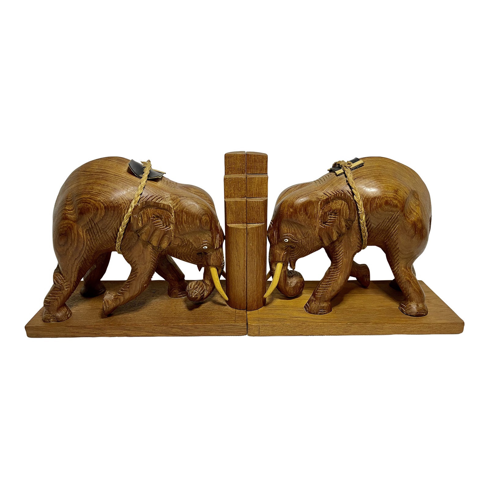 Vintage Hand Carved Wooden Asian Elephant Bookends with Tusks, Rope
