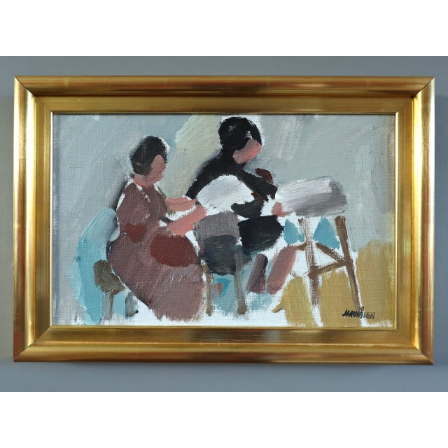 THE CRAFT OF TWO Size: 9.6 x 14 inches (including frame) Oil on canvas A small yet impactful mid-century figurative scene...