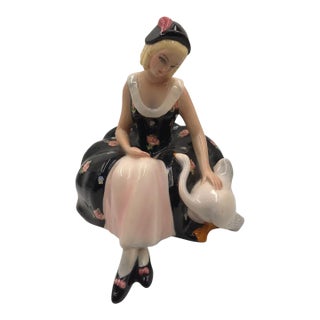 Mid-Century Italian Ars Pulchra Torino Large Pottery Figure - Seated Girl With Large Hat For Sale