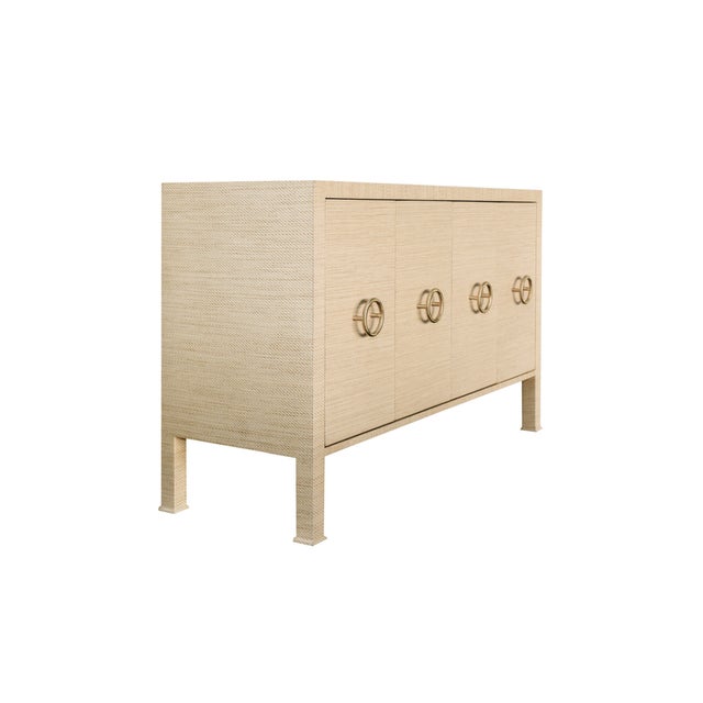 Contemporary Matthew Izzo Home Rue Natural Grasscloth Four Door Buffet With Antique Brass Hardware For Sale - Image 3 of 6