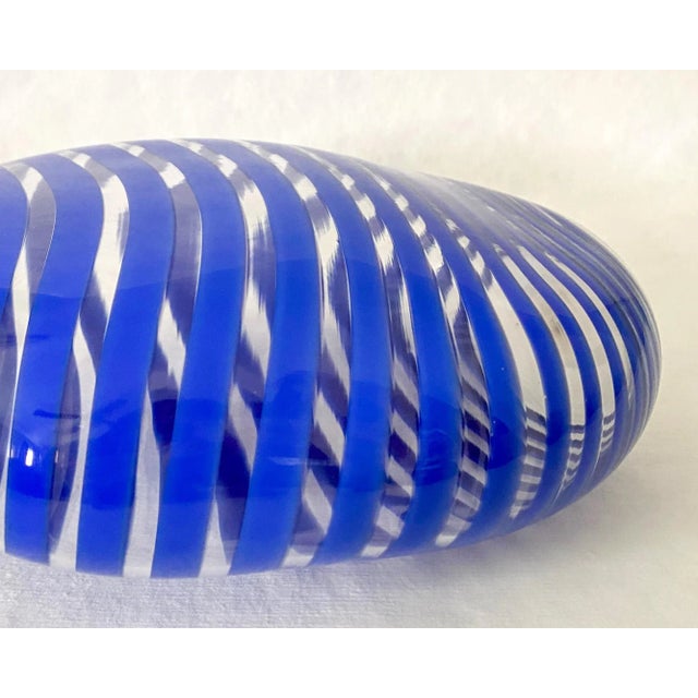 1990s Vintage 1990s Studio Blown Glass Cobalt Blue and Clear Striped Vase For Sale - Image 5 of 11