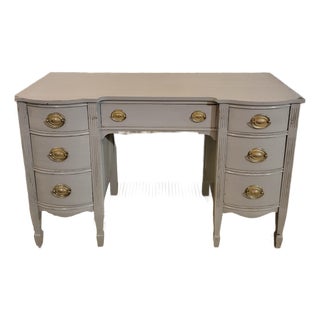 Mid 20th Century Chippendale Mahogany Double Pedestal Writing Desk With Blue-Gray Distressed Finish For Sale