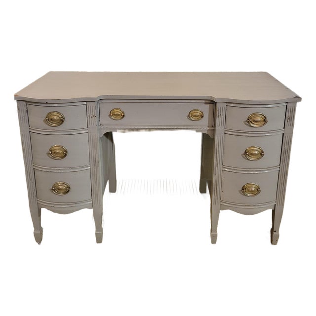 Mid 20th Century Chippendale Mahogany Double Pedestal Writing Desk With Blue-Gray Distressed Finish For Sale